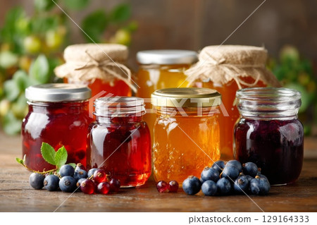 Colorful jars of homemade fruit preserves with fresh berries on rustic wooden table Colorful jars of homemade fruit preserves with fresh berries on rustic wooden table 129164333