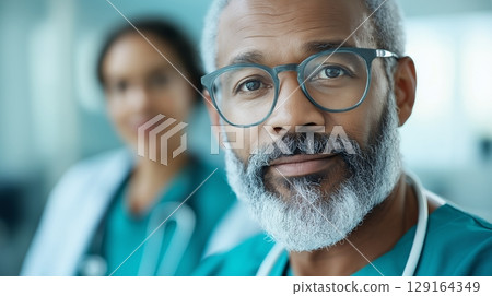 Close up of mature surgeon wearing glasses, working alongside colleague in sterile hospital environment, representing medical surgeon 129164349