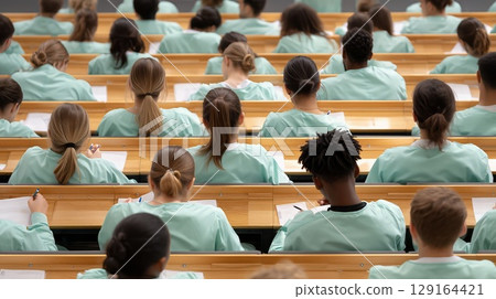 Medical students in light green scrubs writing exam, sitting attentively in amphitheater, focused on test papers,Medical students 129164421