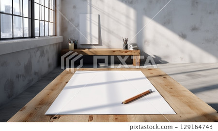Studio scene with white desk, pencil and canvas 129164743