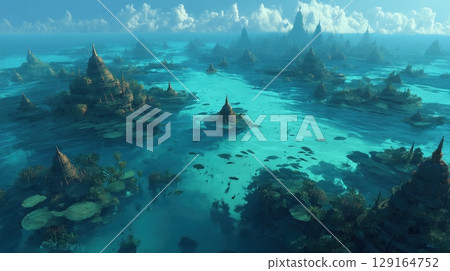 Fantasy landscape of an ancient city submerged in the sea 129164752