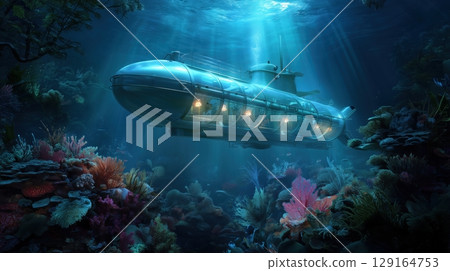 Glass-bottom tourist submarine and coral reef 129164753