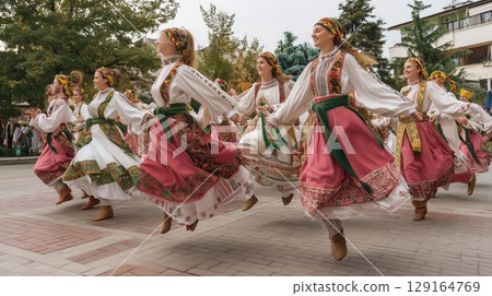 Bulgarian folk dance performed in national costumes 129164769