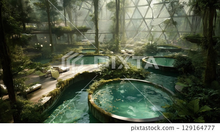 A circular pool resort in the tropical jungle 129164777