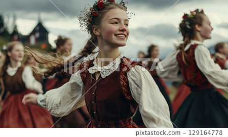 Girls dancing in Scandinavian folk costumes 129164778