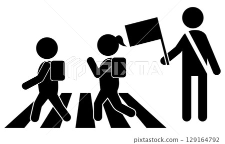 Pictogram of a flag-waving elementary school student crossing a crosswalk Pictogram of a flag-waving elementary school student crossing a crosswalk 129164792