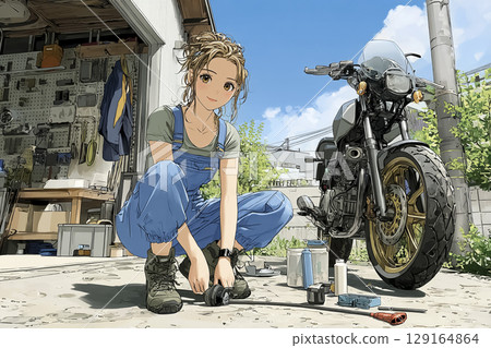 一位微笑的女騎士在車庫前保養她的摩托車 129164864