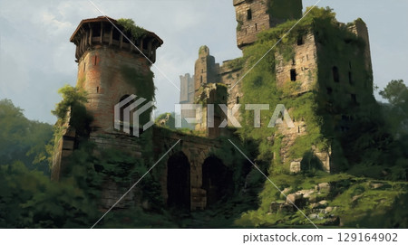 一座覆蓋著常春藤的中世紀城堡遺址和夢幻般的風景 129164902
