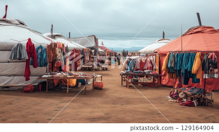Outdoor scene of Mongolian nomad market and traditional costumes Outdoor scene of Mongolian nomad market and traditional costumes 129164904