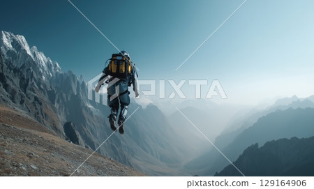 Jet suit adventurers and majestic mountains Jet suit adventurers and majestic mountains 129164906