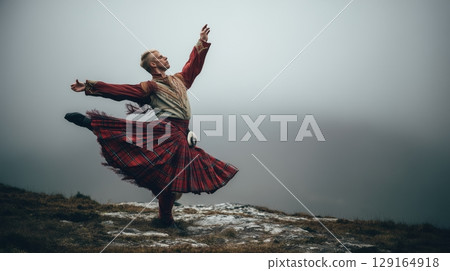 傳統舞者在蘇格蘭的薄霧中翩翩起舞 傳統舞者在蘇格蘭的薄霧中翩翩起舞 129164918