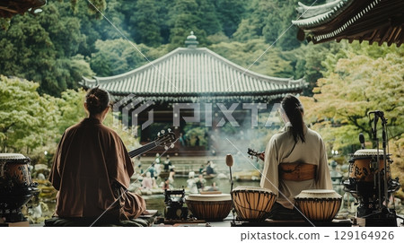 A moment at an ancient temple, listening to the sounds of Japanese musical instruments A moment at an ancient temple, listening to the sounds of Japanese musical instruments 129164926