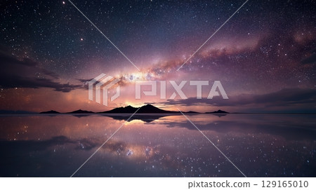Starry sky and galaxy reflected in the Uyuni Salt Flats Starry sky and galaxy reflected in the Uyuni Salt Flats 129165010