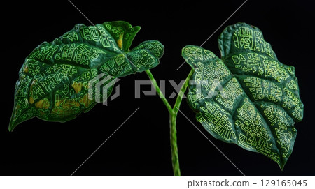 The futuristic feel of green leaves with artificial patterns 129165045