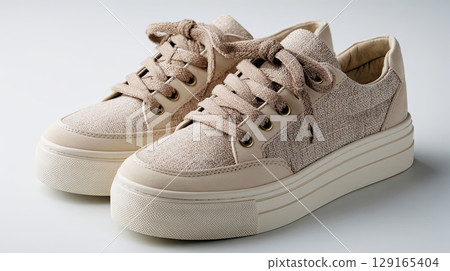 Stylish Beige Sneakers on White Background Stylish Beige Sneakers on White Background 129165404