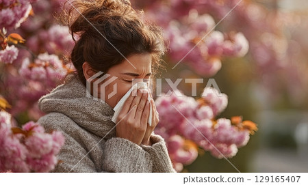 Woman Sneezing Outdoors Amid Spring Blossoms 129165407