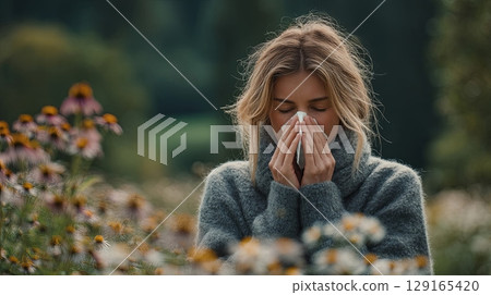 Woman Sneezing in Flower Field During Allergy Season 129165420