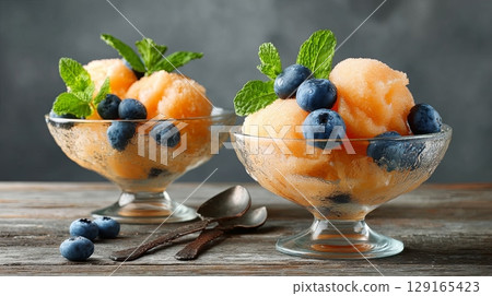 Refreshing Sorbet with Blueberries and Mint Garnish Refreshing Sorbet with Blueberries and Mint Garnish 129165423