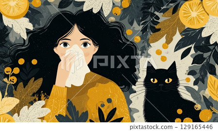 Woman Sneezing from Allergies with Cat and Citrus 129165446