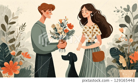 Romantic Gift Exchange with Flowers and Dog 129165448