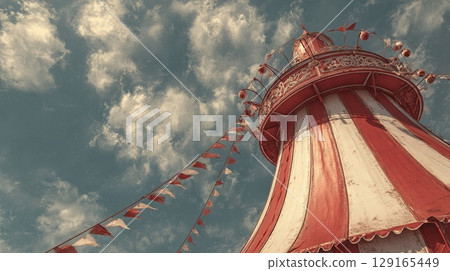 Vintage Circus Tent Against Cloudy Sky Vintage Circus Tent Against Cloudy Sky 129165449