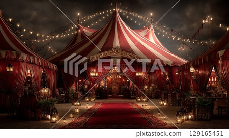 Vintage Circus Tent with Festive Lights at Night Vintage Circus Tent with Festive Lights at Night 129165451