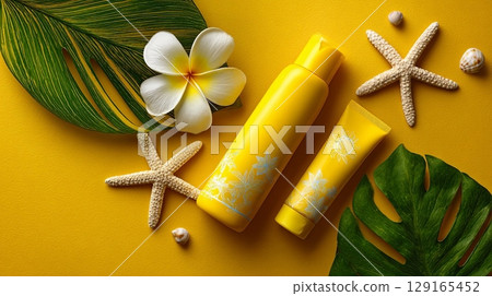Tropical Sunscreen with Plumeria and Starfish on Yellow Tropical Sunscreen with Plumeria and Starfish on Yellow 129165452