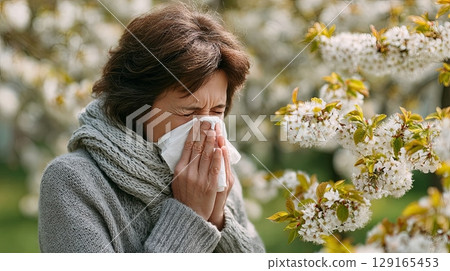 Woman Sneezing Outdoors Near Blooming Tree Woman Sneezing Outdoors Near Blooming Tree 129165453