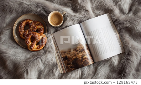 Cozy Reading with Coffee, Pretzels, and Magazine on Faux Fur Cozy Reading with Coffee, Pretzels, and Magazine on Faux Fur 129165475