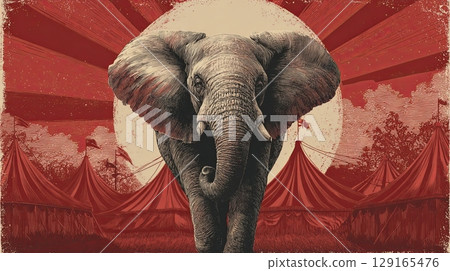 Retro Circus Poster with Elephant in Red Tones Retro Circus Poster with Elephant in Red Tones 129165476