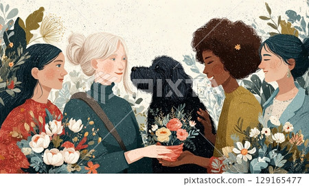 Diverse Women Sharing Flowers and Joyful Moments 129165477