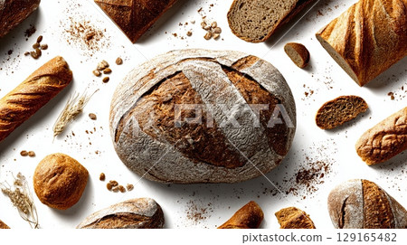 Freshly Baked Rye Bread Assortment on White Background 129165482