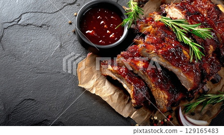 Succulent Barbecue Spare Ribs with Sauce and Herbs 129165483