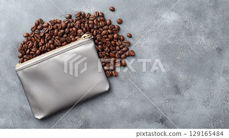 Coffee Beans and Zipper Pouch on Gray Background 129165484