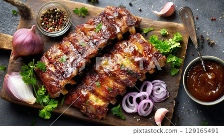 Juicy Barbecue Spare Ribs with Onions and Sauce Juicy Barbecue Spare Ribs with Onions and Sauce 129165491