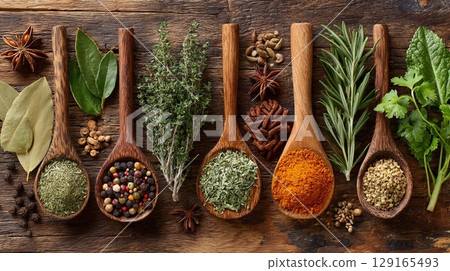 Assorted Fresh Herbs and Spices on Rustic Wooden Table Assorted Fresh Herbs and Spices on Rustic Wooden Table 129165493