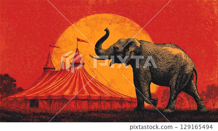 Vintage Circus Poster with Elephant and Tent Illustration 129165494