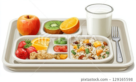 Healthy Lunch Tray with Fruit, Pasta, and Milk Healthy Lunch Tray with Fruit, Pasta, and Milk 129165598