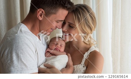 Loving Parents Holding Newborn Baby Indoors 129165614