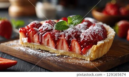 Delicious Strawberry Tart with Mint Garnish 129165674
