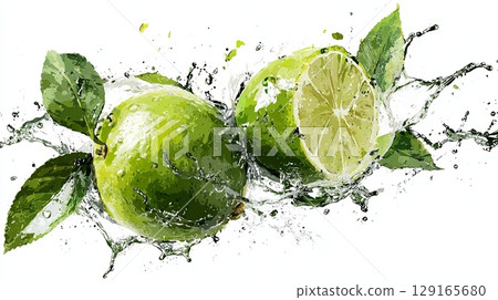 Fresh Lime Splash with Water and Leaves 129165680