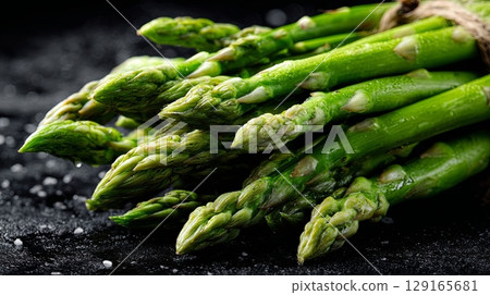 Fresh Green Asparagus on Dark Background 129165681