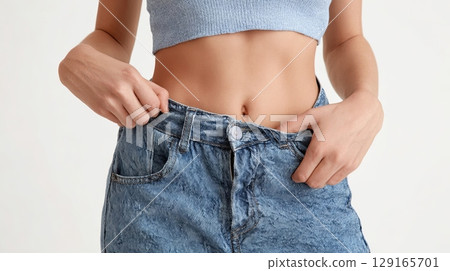 Woman Adjusting Loose Blue Jeans for Perfect Fit 129165701