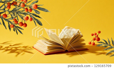 Open Book with Vibrant Berries on Yellow Background 129165709