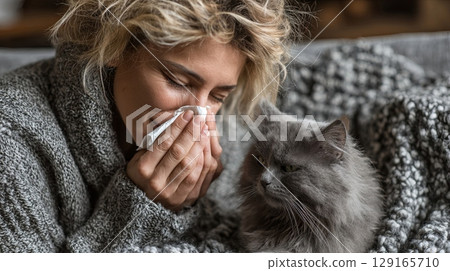Woman Sneezing Next to Cat on Cozy Blanket 129165710