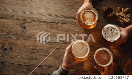 Friends Toasting with Mugs on Wooden Table 129165737