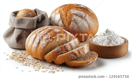 Freshly Baked Bread with Flour and Oats Display 129165738