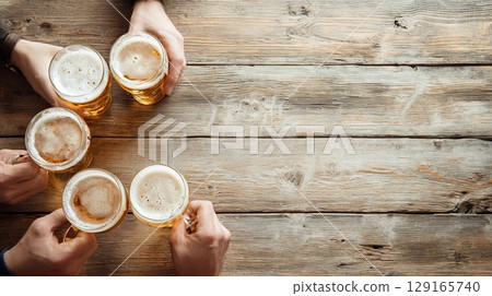 Friends Toasting with Mugs Over Wooden Table 129165740
