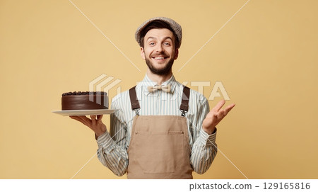 Happy Baker Holding Chocolate Cake on Yellow Background 129165816