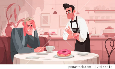 Frustrated Customer and Waiter in Cafe Scene 129165818